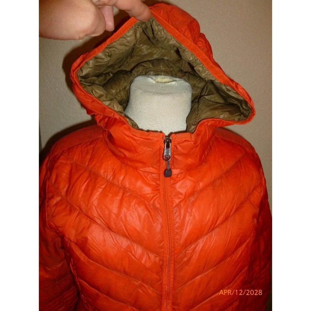 Orange Hooded Puffer‎ Jacket Quilted Full Zip Winter Coat Goose Down Womens